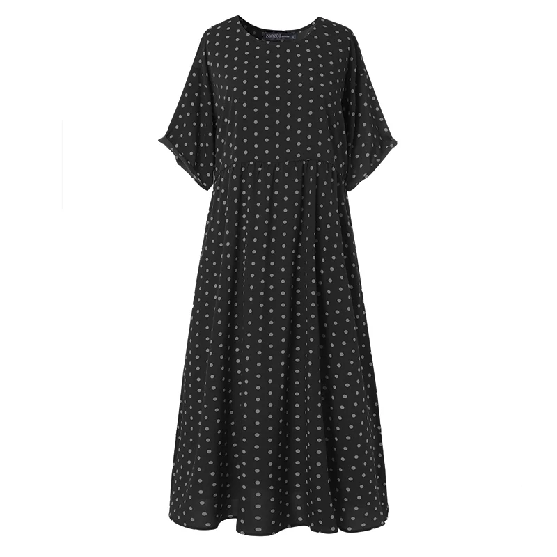 ZANZEA/летний сарафан в горошек с коротким рукавом, женское винтажное длинное богемное пляжное платье, Vestido Femme Robe, платье с принтом, большие размеры - Цвет: Черный
