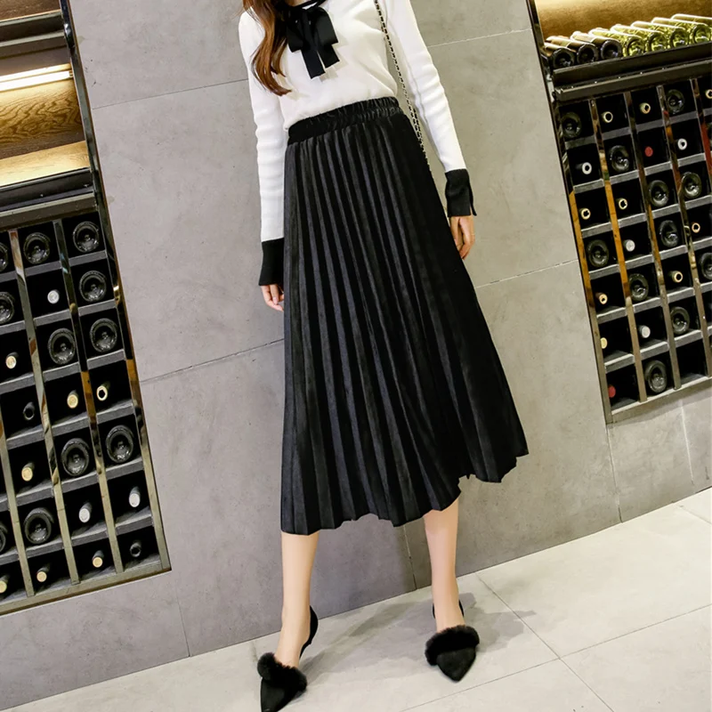 

2019 Autumn And Winter Pleated Long Skirts High Waisted Skinny Female Velvet Skirt Korean Style Harajuku Kawaii Pleated Skirts