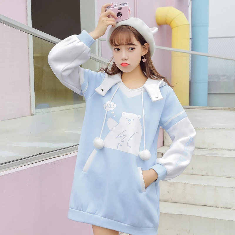 Merry Pretty, женские длинные толстовки с капюшоном, толстовки, Harajuku, с рисунком медведя, синий пуловер с капюшоном, с ушками на капюшоне, свободный спортивный костюм