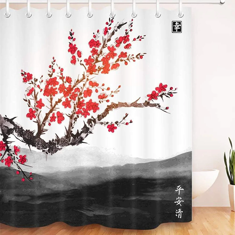 Japanese Shower Curtain Red Cherry Waterproof Anti-mold Bath Curtain Sakura Tree Ink Painting Style with Hooks Bathroom decor