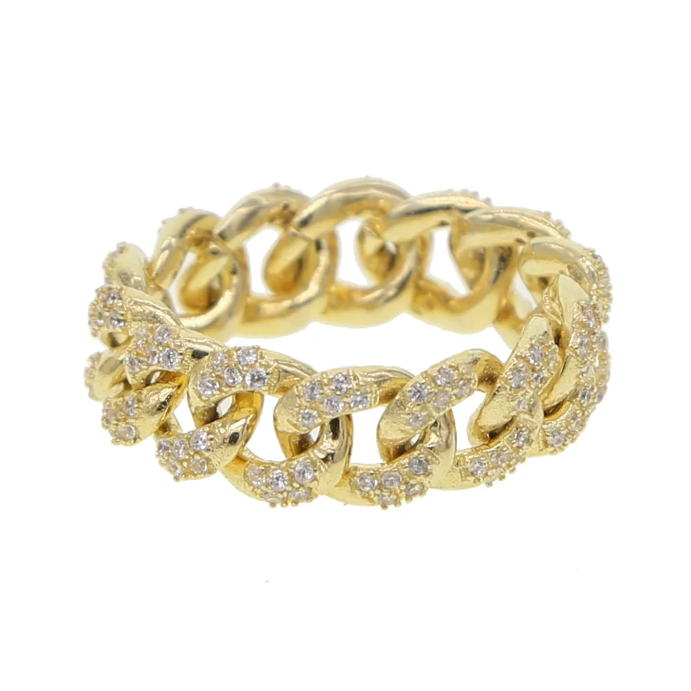 Iced out bling white cubic zirconia, кубинское кольцо-цепочка для женщин, Золотое кольцо в стиле хип-хоп, обручальное кольцо, Трендовое кольцо на палец