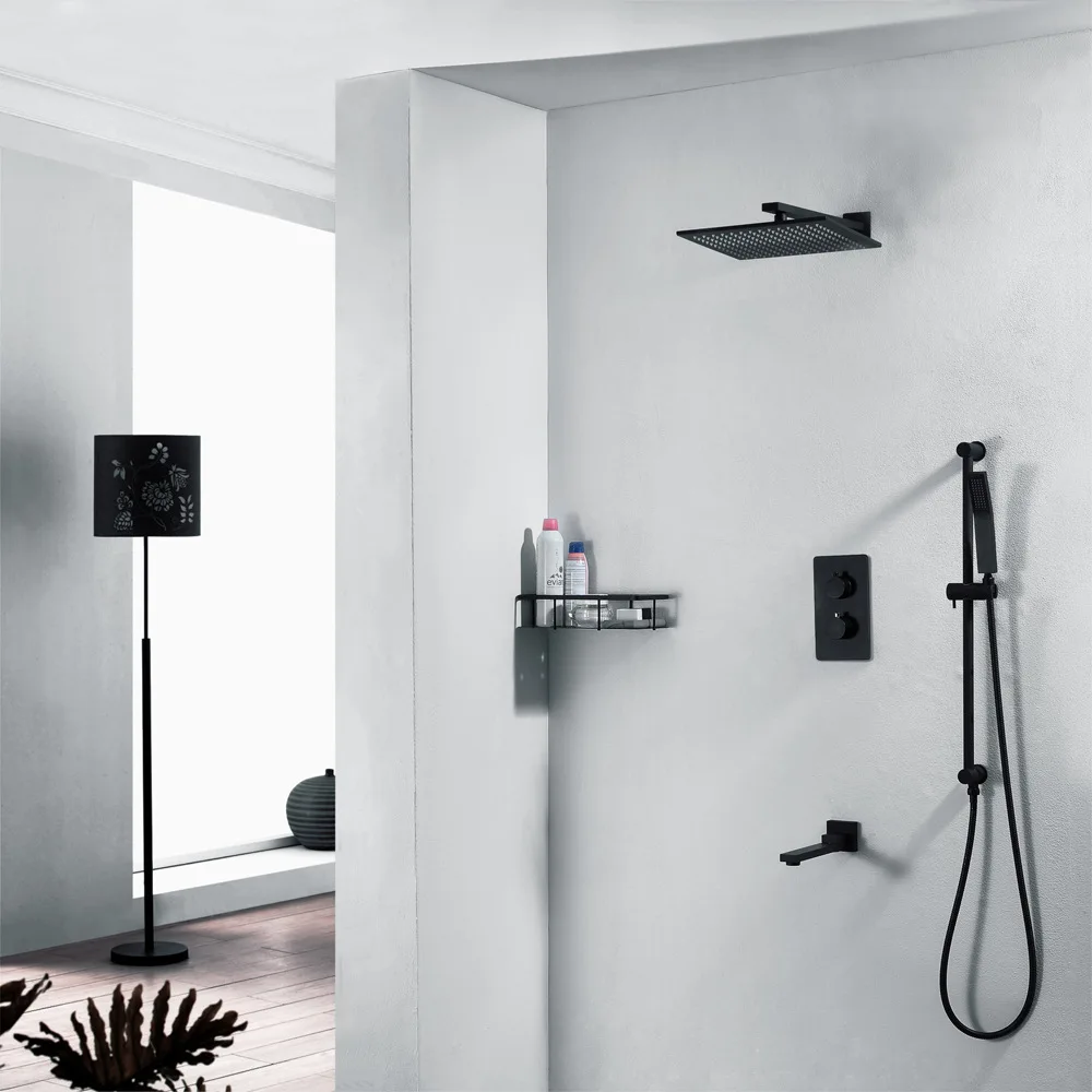 

Black Directly Income Wall Mounted Flush Shower Full Copper Constant Temperature Three Function Embedded Box 250 Square Top