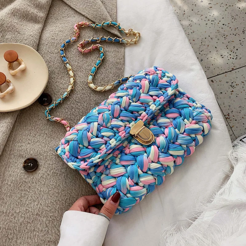 

Fashion Cotton Woven Women's Shoulder Bag Crochet Hand-woven Women Messenger Bag Chain Women Bags Ladies Hand Bags Female Clutch