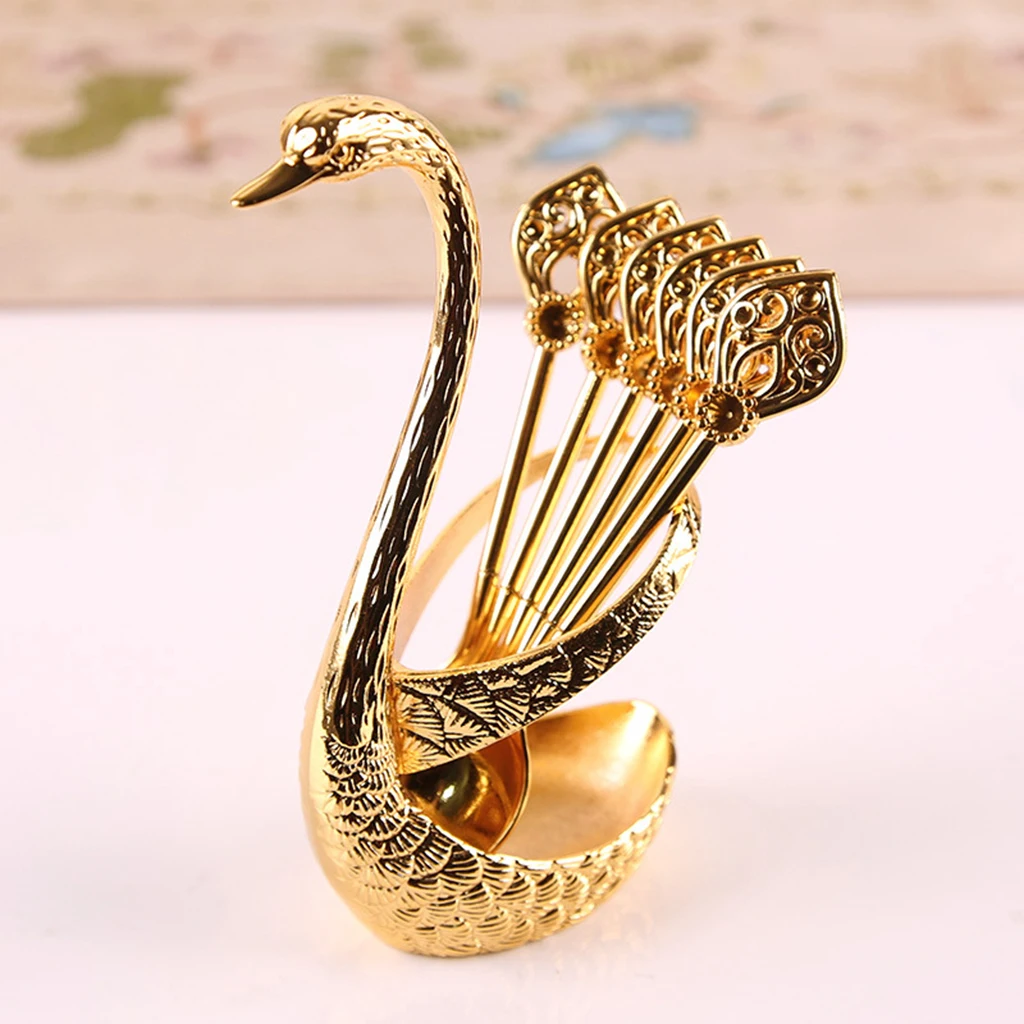 Stainless Steel Creative Dinnerware Set Decorative Swan Base Holder with 6 Spoons for Coffee Fruit Dessert Stirring Mixing cutlery set,western style cutlery set,picnic cutlery set,stainless steel cutlery set