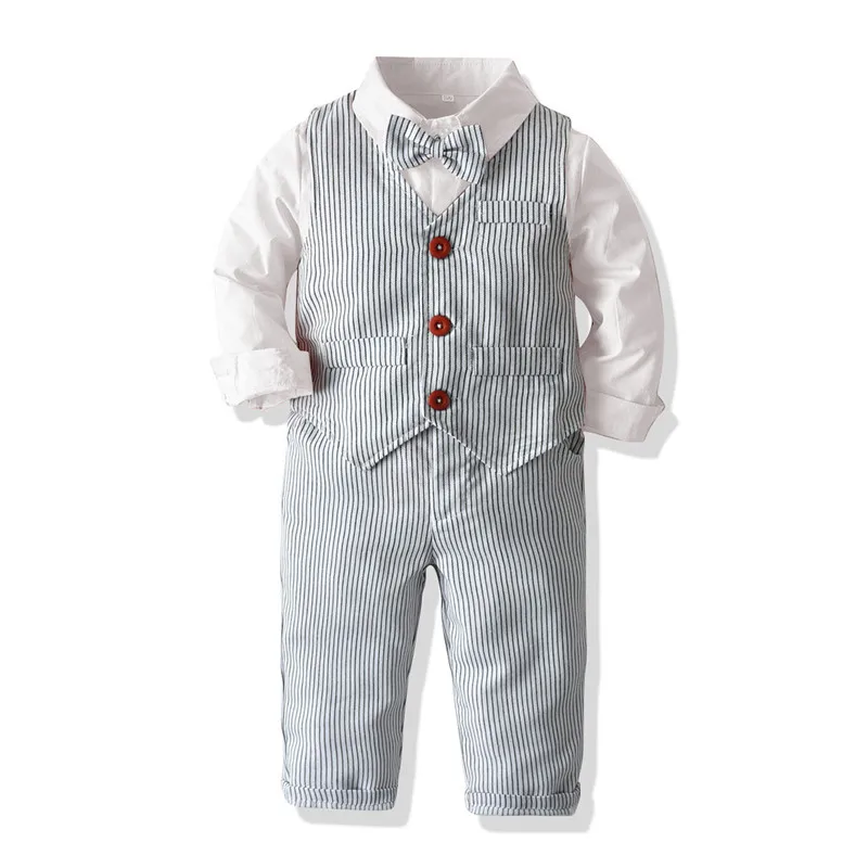 white shirt Детская полосатая одежда, костюм с жилетом для мальчика, деловой комплект, осенняя белая рубашка с длинными рукавами и красным бантом, платье для малышей, для мальчика 3-7 лет - Цвет: white shirt