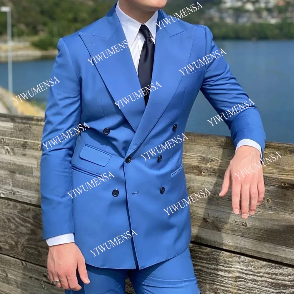 blazer suit YIWUMENSA Blue Soild Men's Suits Tailor-Made Double Breasted Blazer Masculino 2 Pieces Jacket With Pant Prom Party Groom Wear áo khoác blazer