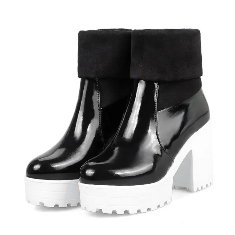 Coolcept Women High Quality Platform Mid Calf Boots Square Heels Daily Sexy Black Short Boots Winter Female Footwear Size 34-43