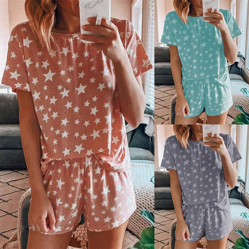 

2 Pcs Summer Woman Set Print Short Sleeve T-shirt Shorts Pants Suits Women Homewear Set Leisure Women Pajamas Home Clothes Set