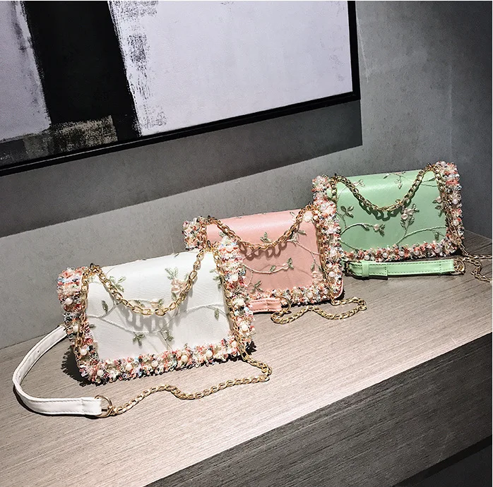 

New Style Korean-style Embroidery Lace Single-shoulder Bag for Women 2019ins Super Fire Bag Fashion Metal Chain Oblique Square S
