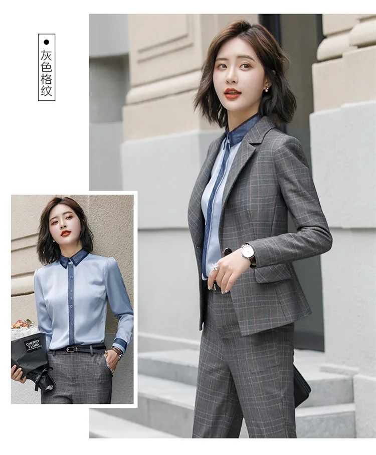 Ladies suit autumn and winter new casual plaid long-sleeved suit fashion elastic waist pants set two-piece temperament women