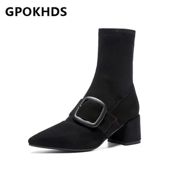 

GPOKHDS 2021 women Ankle boots Sheepskin Winter short plush Pointed Toe Metal Decoration High heels female boots size 41