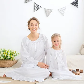 

Spring Girls' Cotton Mother Daughter Parents And Children's Long Sleeve Long Princess Palace Pajamas Dress Sleepwear Home Wear