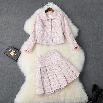 

New 2019 winter women girls lolita style pink tweed jacket ruffles peter pan collar plaid mini skirt suit cute two piece outfits