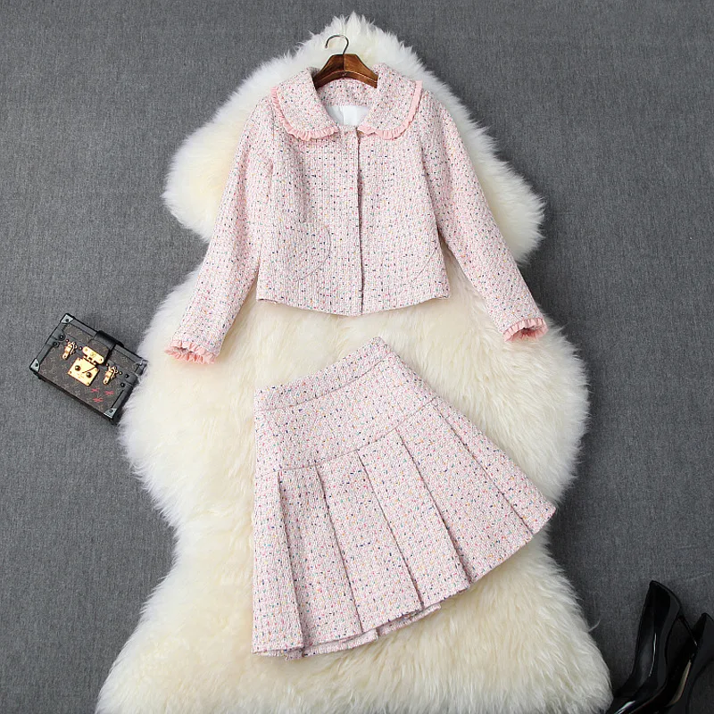 Nieuwe 2019 winter vrouwen meisjes lolita stijl roze tweed jas ruches peter pan kraag plaid mini rok pak leuke twee stuk outfits Nieuwe 2019 winter vrouwen meisjes lolita stijl roze tweed jas ruches peter pan kraag plaid mini rok pak leuke twee stuk outfits