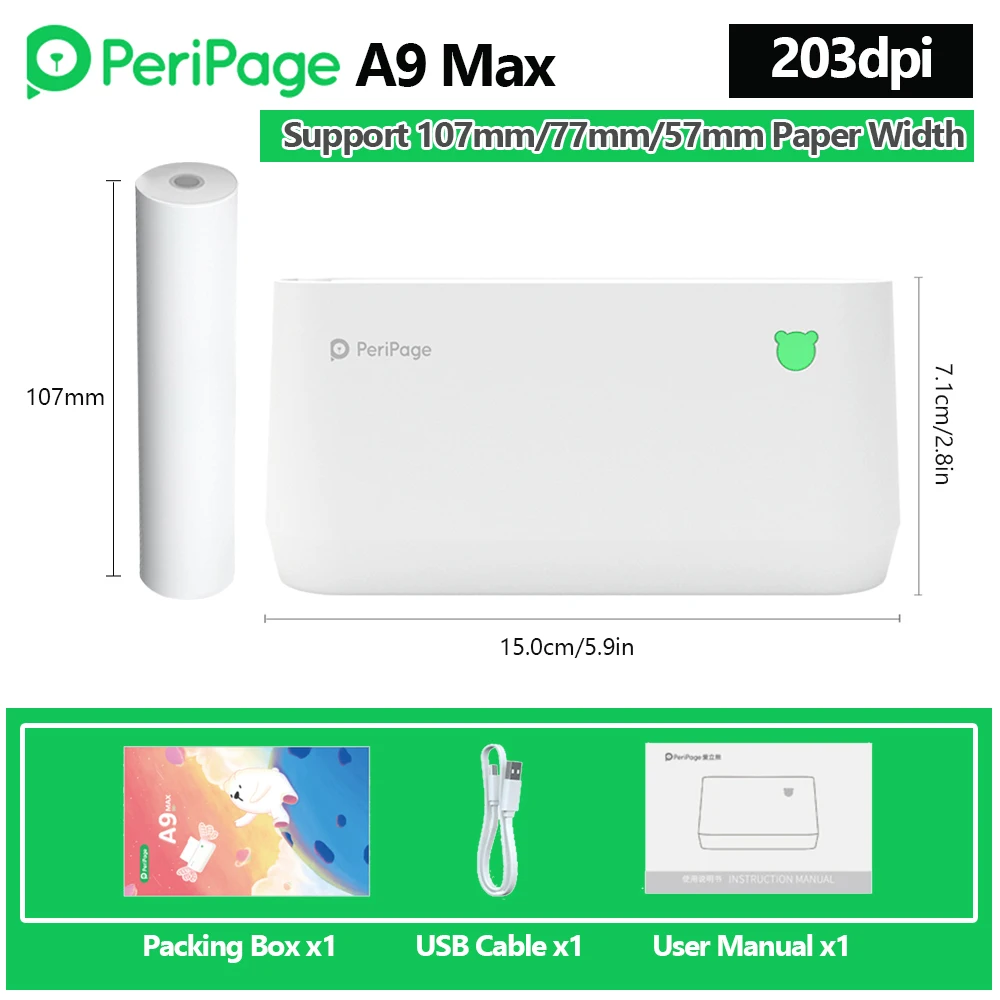 PeriPage A9s MAX Portable Photo Printer 304dpi Bluetooth Wireless Thermal Printer Receipt Label Maker Sticker PeriPage A9 Max A8 