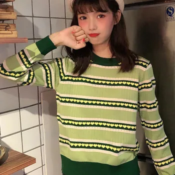 

Autumn New Avocado Green Heart Striped Women Sweater Fashion Sweet Round Neck Bottom Shirt Loose Casual Long Sleeve Sweaters