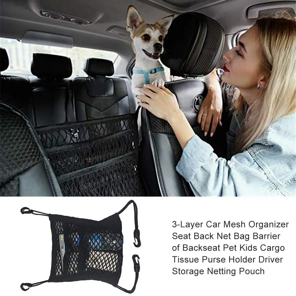 Cargo Tissue Purse Holder Seat Back Net Bag 3-Layer Car Mesh Organizer Barrier of Backseat Pet Kids Driver Storage Netting Pouch