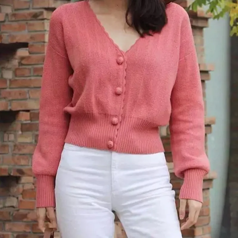 Best Price V Neck Women's Knitted Cardigan Sweater Ladies Single Breasted Petals Collar Knitted Coat Knitwear Casual Female Jacket