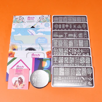 

Beauty Bigbang 8PCS Set Nail Stamping Plates Different Style Words Feather Flower Image Stainless Steel Template Set