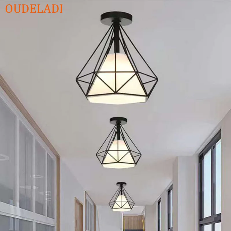 

Iron cage creative diamond Ceiling lamp Aisle Porch light living room balcony Loft E27 Home Light Fixture