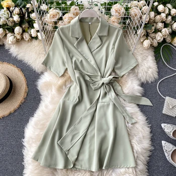 

YuooMuoo Elegant Bandage Shirt Dress Ladies Turn-down Collar Summer Office Dress Korean Fashion Women Short Wrap Dress Vestidos