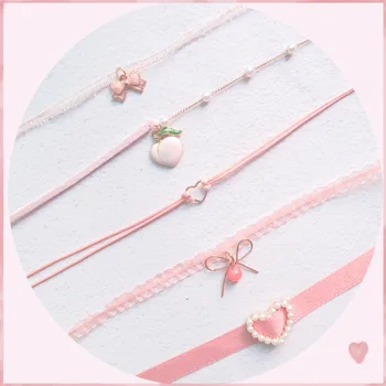 

Japanese Korea 2020 Spring New Pink Peach Heart Pendant Choker Short Clavicle Necklaces Fashion Jewelry For Girl Cute Jewelry