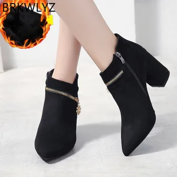 

Women Suede Ladies Fashion Ankle Pointed Toe Casual Shoes Suqare Heels Single Boots Bota Feminina British Style shoes
