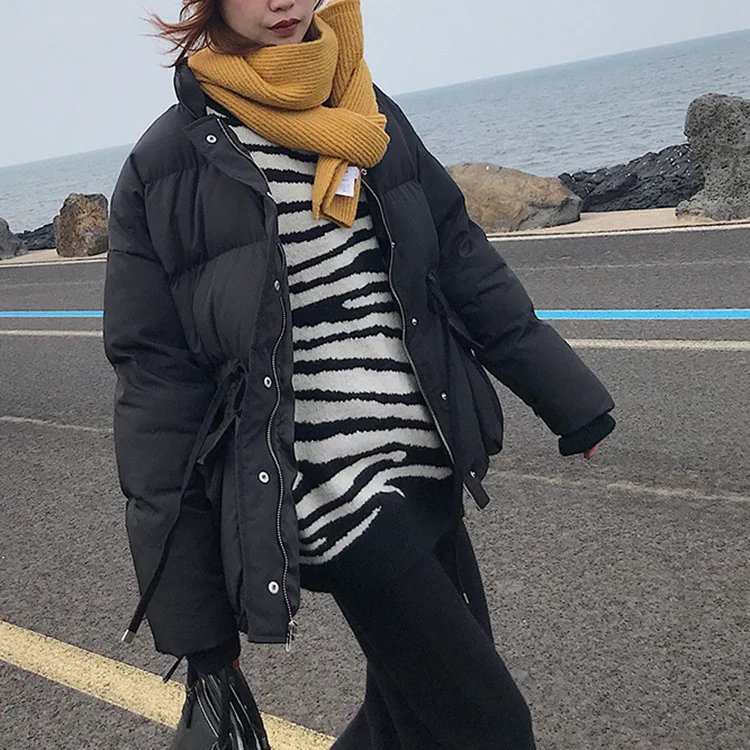 

Drawstring Waist Windproof down Coat Women's Korean-style Thick Stand Collar Cotton Coat Winter 2018 Winter Solid Color Coat