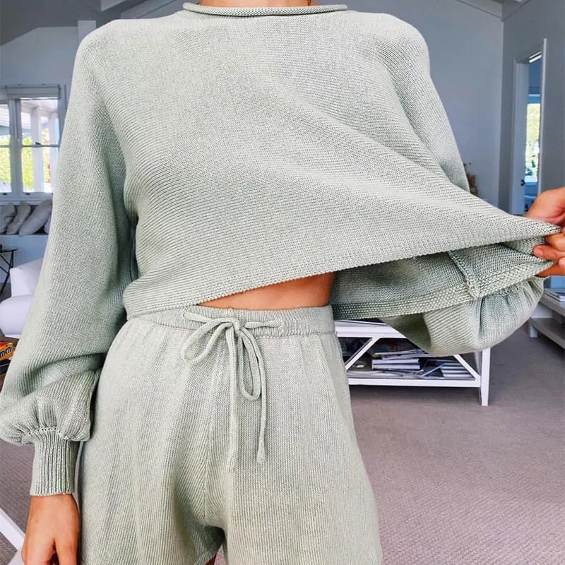 Knitted Women's Cropped 2 Piece Sets Lantern Long Sleeve Tops Lace Up Shorts Suit Ladies Summer O-Neck High Waist Female Suits Knitted Women's Cropped 2 Piece Sets Lantern Long Sleeve Tops Lace Up Shorts Suit Ladies Summer O-Neck High Waist Female Suits