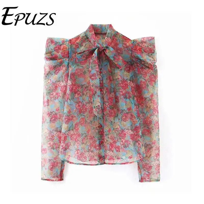 Baratos Blusa Vintage de manga larga con estampado floral y volantes para mujer, camisas de moda coreana para mujer, top casual de gasa, ropa boho