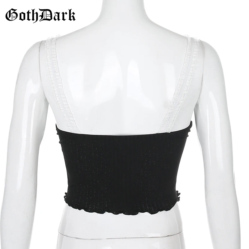 Goth Dark Sweet E-girl Black Camis Bodycon Lace Patchwork Ruffles Floral Strap Crop Tops Sexy Deep V-neck Backless Women Wear