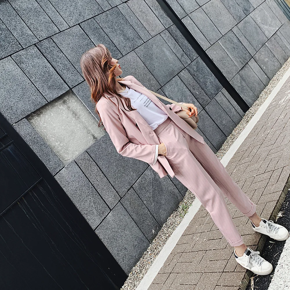 

2019 Autumn New Style Elegant Casual Small Suit WOMEN'S Suit Western Style Slimming Stripes Two-Piece Set
