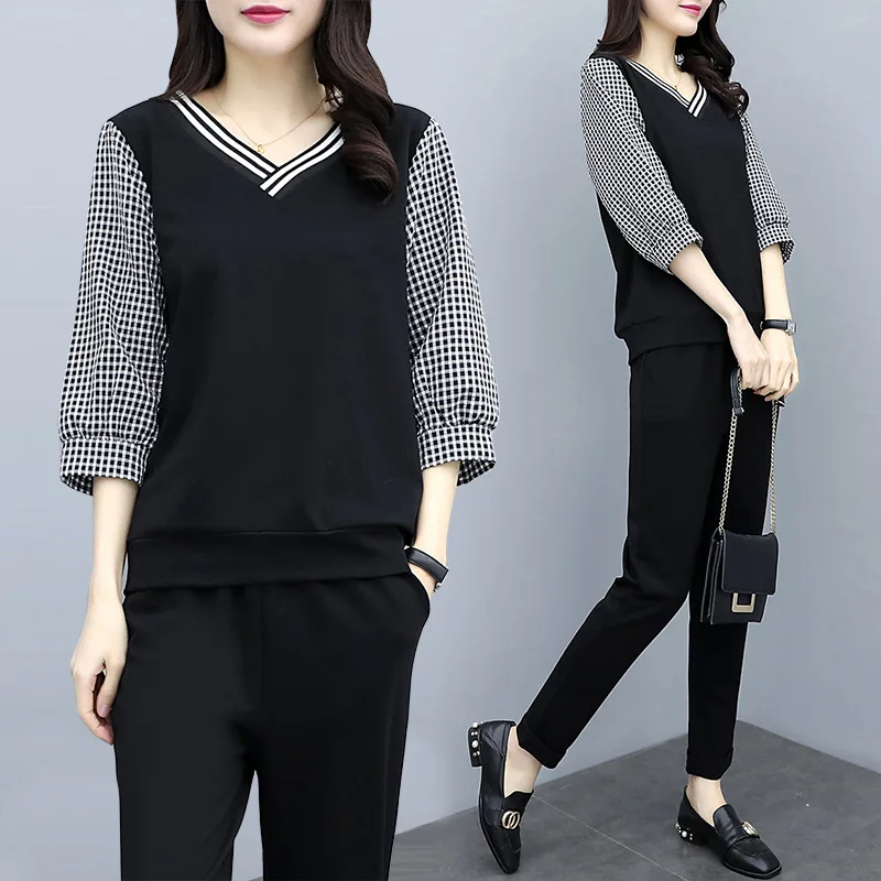 

2019 Spring And Summer New Style Large Size Dress V-neck Slimming Plaid Stitching Fat Mm High Quality Fashion Two-Piece Set