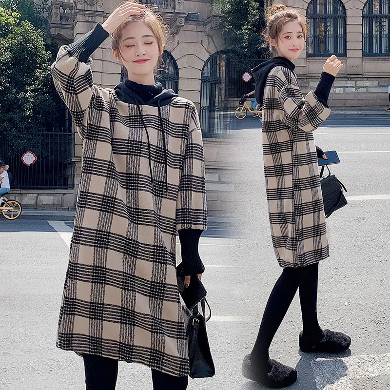 

2019 Autumn And Winter New Style Korean-style Loose-Fit Mid-length Hooded Mock Two-Piece High Collar Dress Women's Fashion