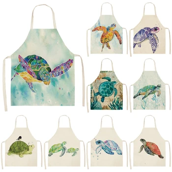 

1Pcs Turtle Ocean color Pattern Cleaning Art Aprons Home Cooking Kitchen Apron Cook Wear Cotton Linen Adult Bibs 53*65cm WQ0175