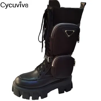 

Designer Platform Pocket Knee High Boots Women Black Leather Chelsea Boots Thick Sole Brand Ladies Shoes Runway Flat Women Boots