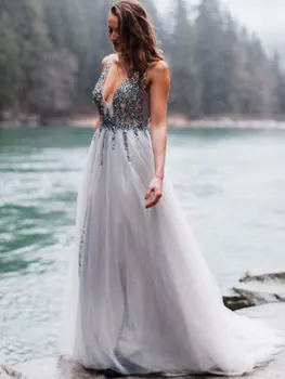

Elegant Deep V-Neck Sequins Tulle Prom Ball Gown A-Line Floor Length Backless Evening Formal Dress