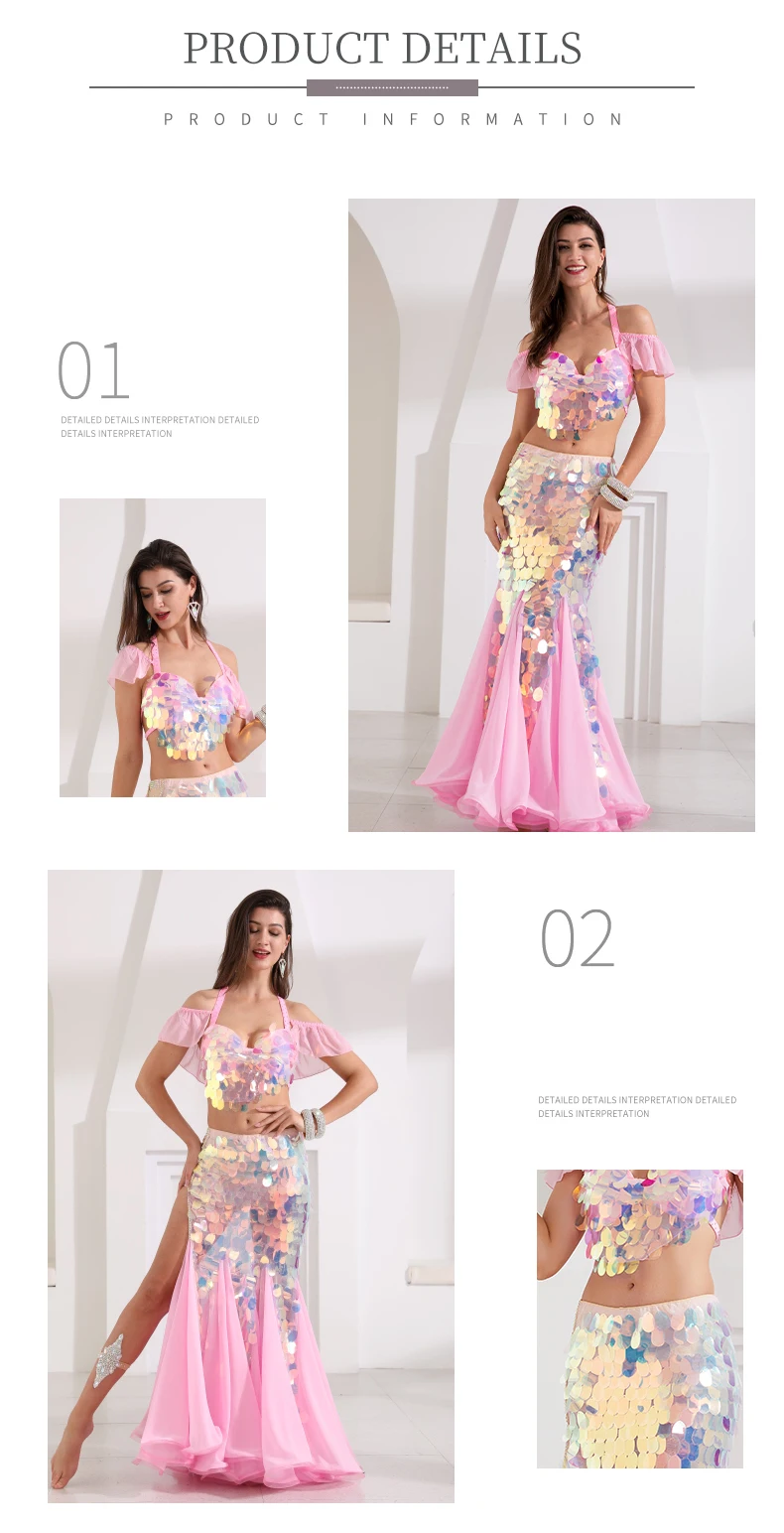 Neue Bauchtanz-Performance-Kostüme für Damen, Senior-Pailletten-BH + sexy Fischschwanzrock, 2-teiliges orientalisches Tanz-Wettbewerbsset – Detail 4