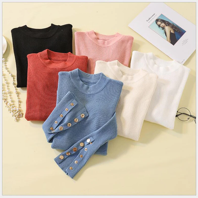 

New casual autumn winter women thick sweater pullovers long sleeve button O-neck chic Sweater Female Slim knit top soft tops