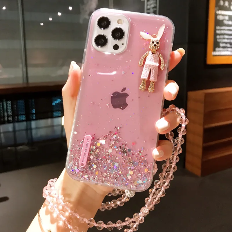 Luxury Glitter Bling 3D Cartoon Bunny Epoxy Lanyard Phone Case For Iphone 12 11 Pro Max XR X XS SE2020 6 7 8 Plus Cover Stand 6S