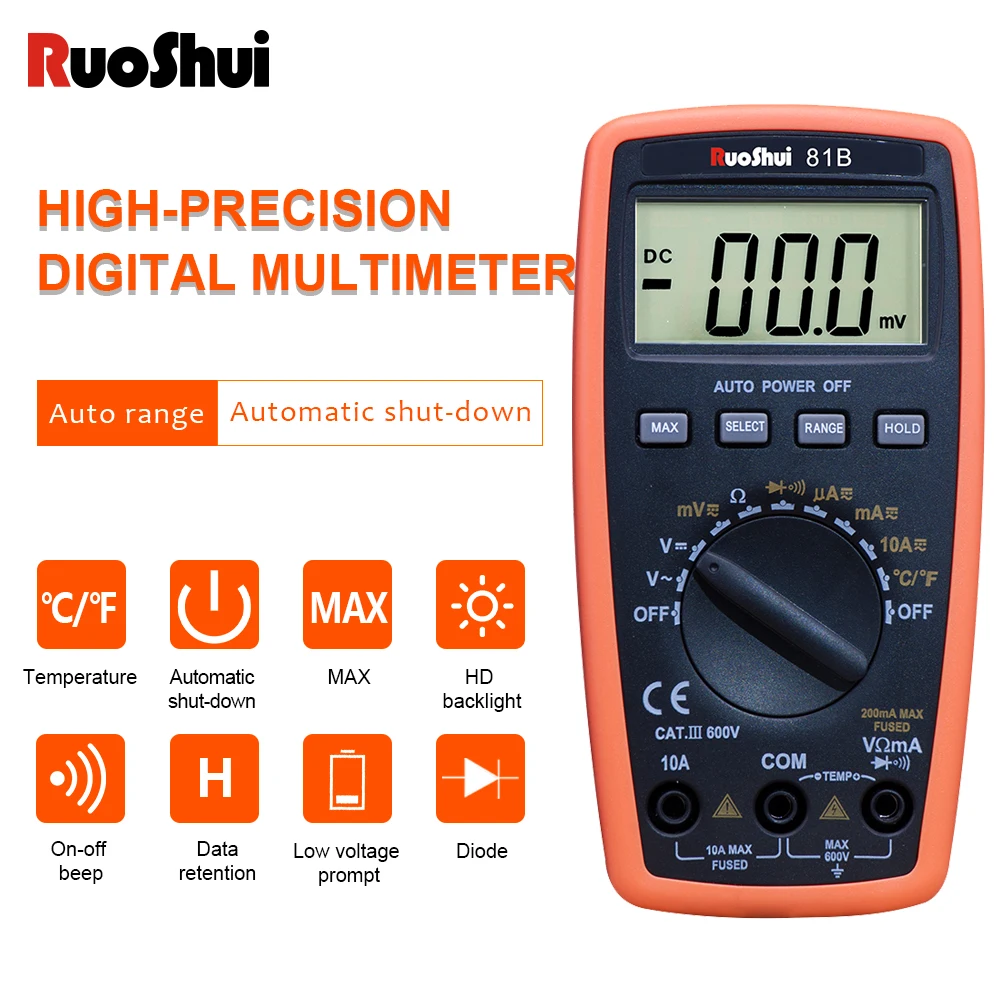 RuoShui 81B mini Digital Multimeter Auto Range Design comfortable measure Resistance Current Voltage Temperature pocket Ammeter |