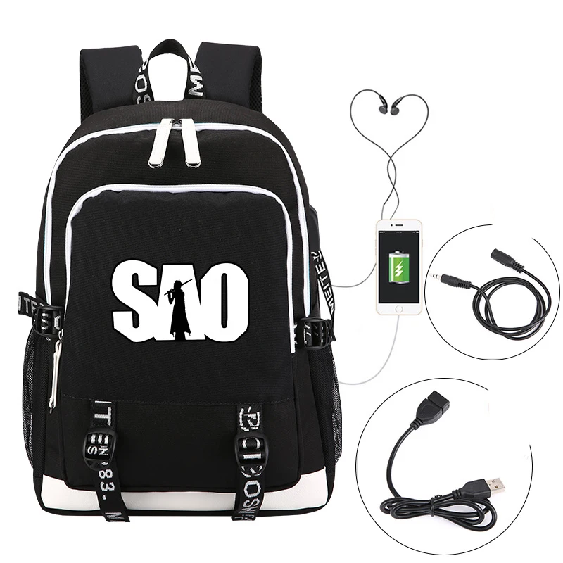 Anime SAO Sword Art Online Kirigaya Student Book bag Rucksack Student School Bag For Boys Girls Travel With USB Port Charging