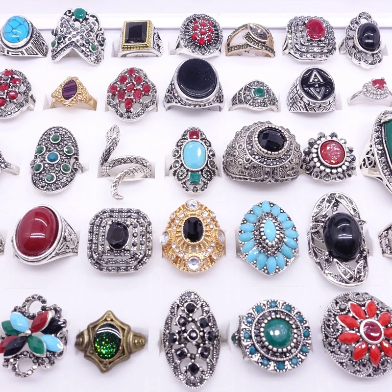 MixMax 50pcs/box Womens Rings Vintage Jewelry Mix Styles Party Favor Gifts Wholesale Lot with a Display Box Gold Silver Plated 3
