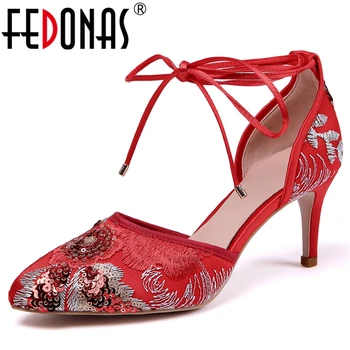 

FEDONAS Fashion Elegant Women Pumps Wedding Prom Embroider Mesh Sequined Appliques Narrow Band Thin Heel Ankle Strap Shoes Woman