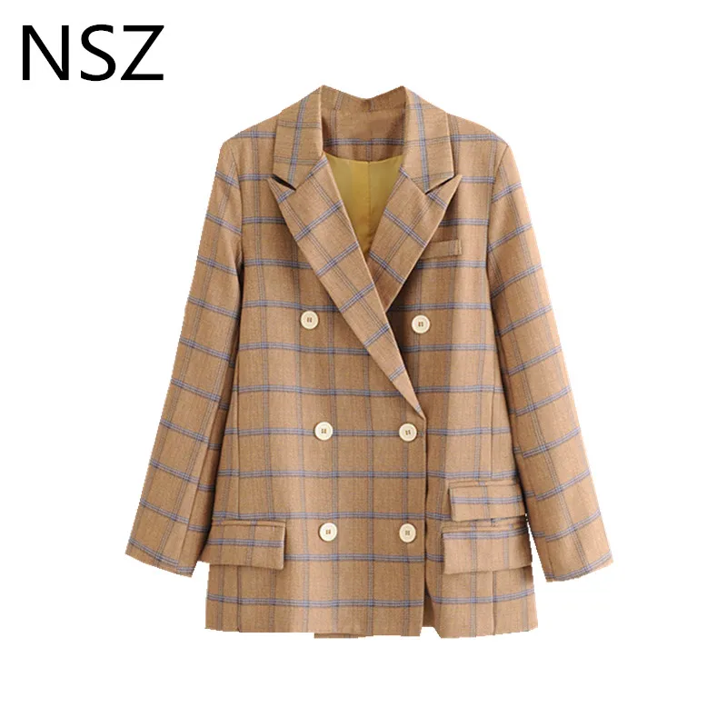 

NSZ Women Plaid Blazer Long Sleeve Double Breasted Elegant Jacket Notched Pocket Decoration Work Office Coat Outerwear