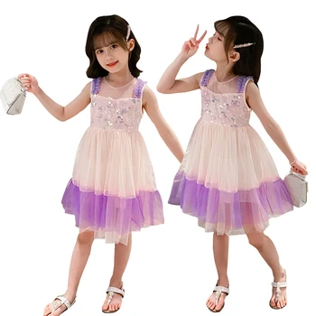 

sequins rainbow dress age for 3 - 12 yrs little girls summer beach clothes cute colorful lace tulle gowns sleeveless kids frocks