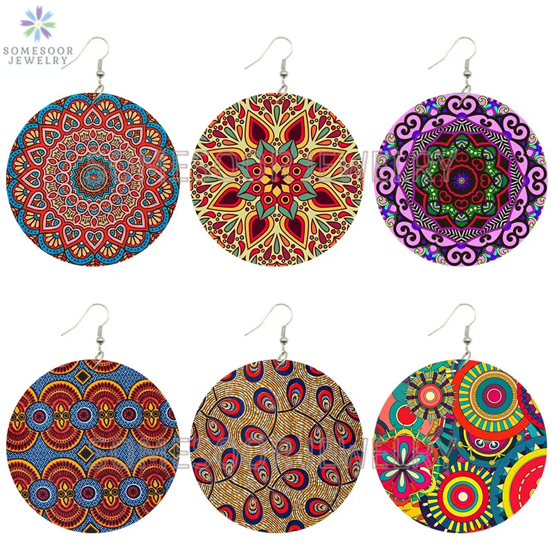 SOMESOOR Vintage Bohemian Flower Wooden Drop Earrings African Ethnic Beautiful Loops Pendant Dangle Jewelry For Women Gifts