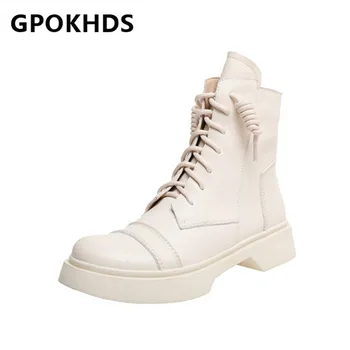 

GPOKHDS 2021 women Ankle boots Cow leather Winter short plush Round Toe Zipper Med heels female Riding boots size 39