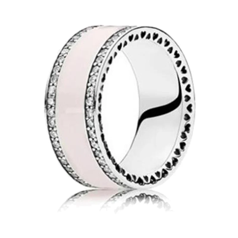 

Real 925 Sterling Silver Ring Pink Hearts Of Band With Crystal Ring For Women Wedding Engagement Gift Fashion Jewelry