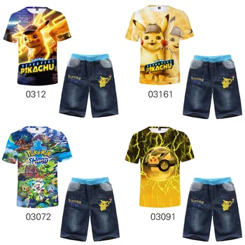 

2-16Y Boys Summer Cartoon Pokemon Go Shorts Denim Pants Sport Suit Pikachu Baby Kids Short Sleeve 3d T Shirts Jeans Clothes Sets